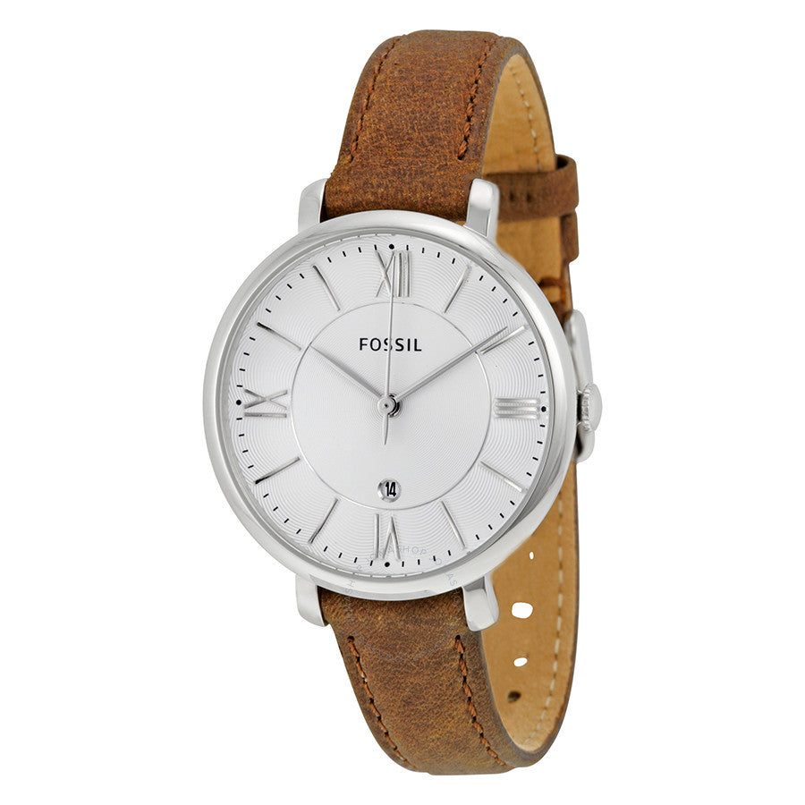 Fossil Jacqueline ladies watch with silver dial, Roman numeral markers, silver case, and tan leather strap