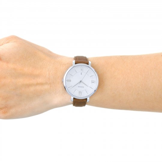 Fossil Jacqueline watch worn on wrist with silver case and tan leather strap
