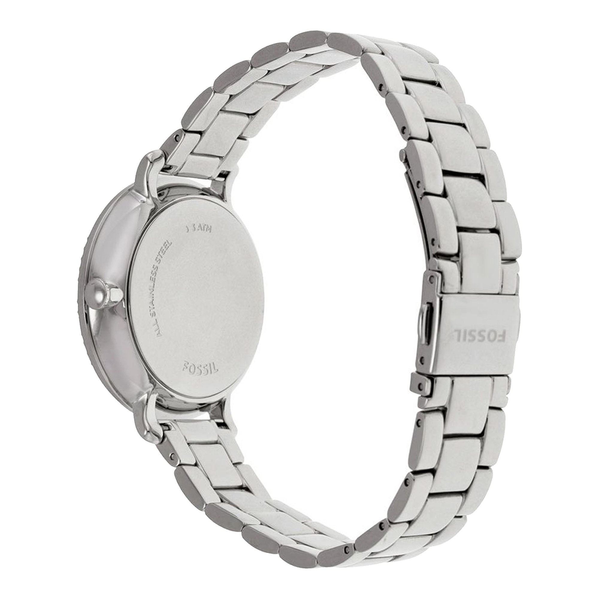 Stainless steel case back of Fossil Jacqueline watch with engraved Fossil branding