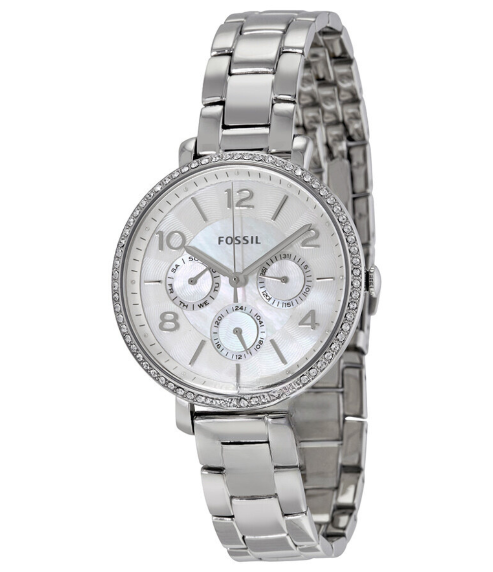 Fossil Jacqueline multi-function white dial ladies watch with diamond bezel and stainless steel bracelet