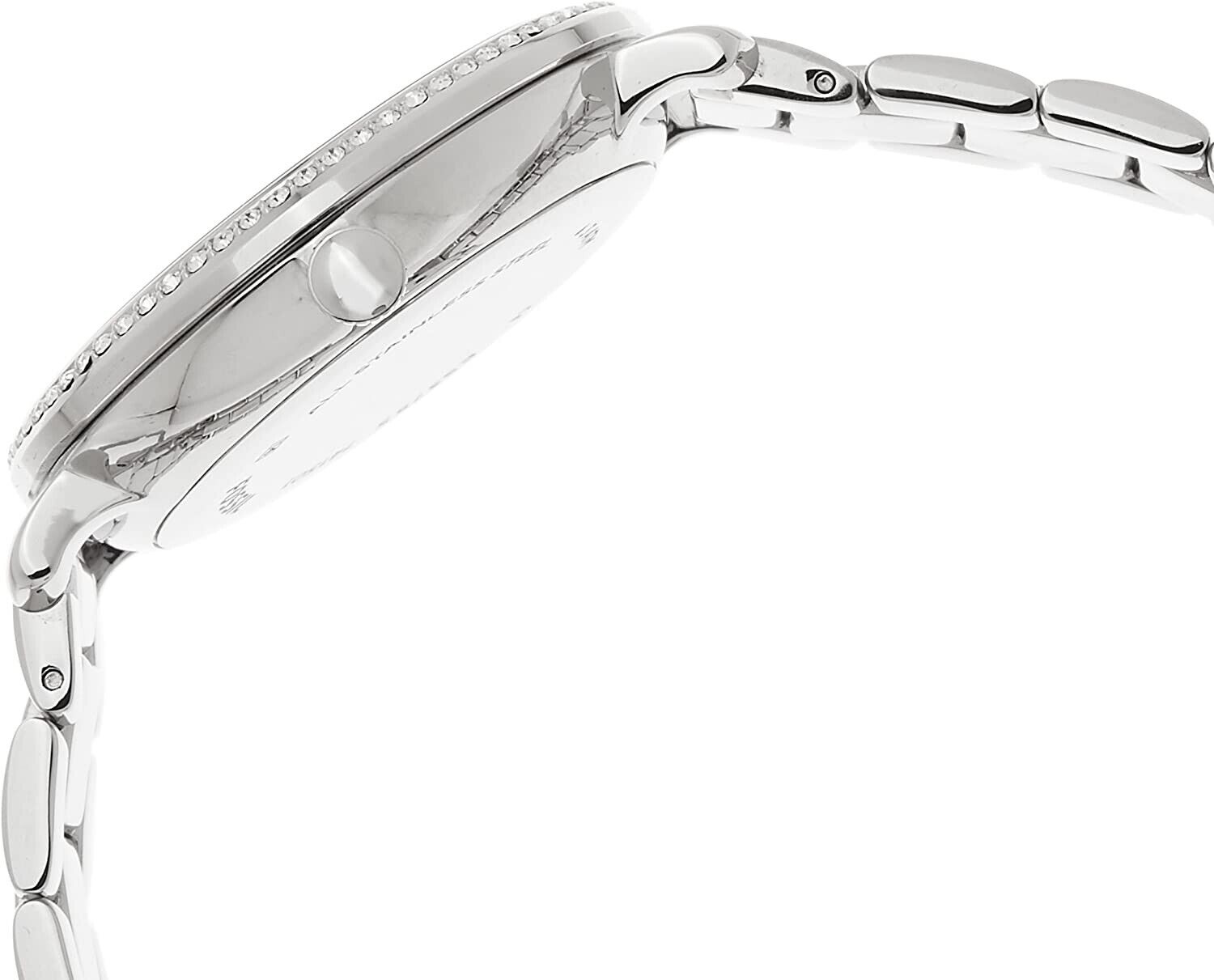 Side profile view of Fossil Jacqueline watch showing case thickness and stainless steel bracelet