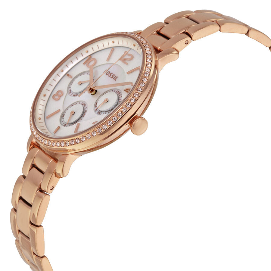 Side angle view of Fossil Jacqueline rose gold watch showing crystal-set bezel and bracelet