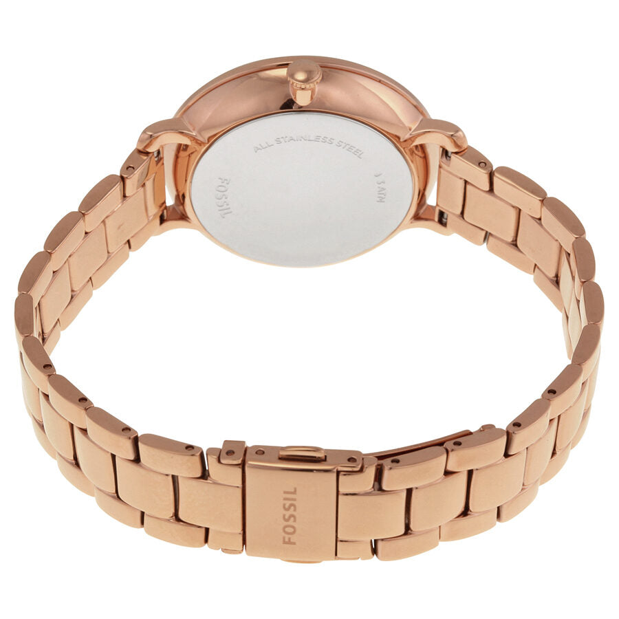 Back view of Fossil Jacqueline watch showing rose gold-tone case back and bracelet