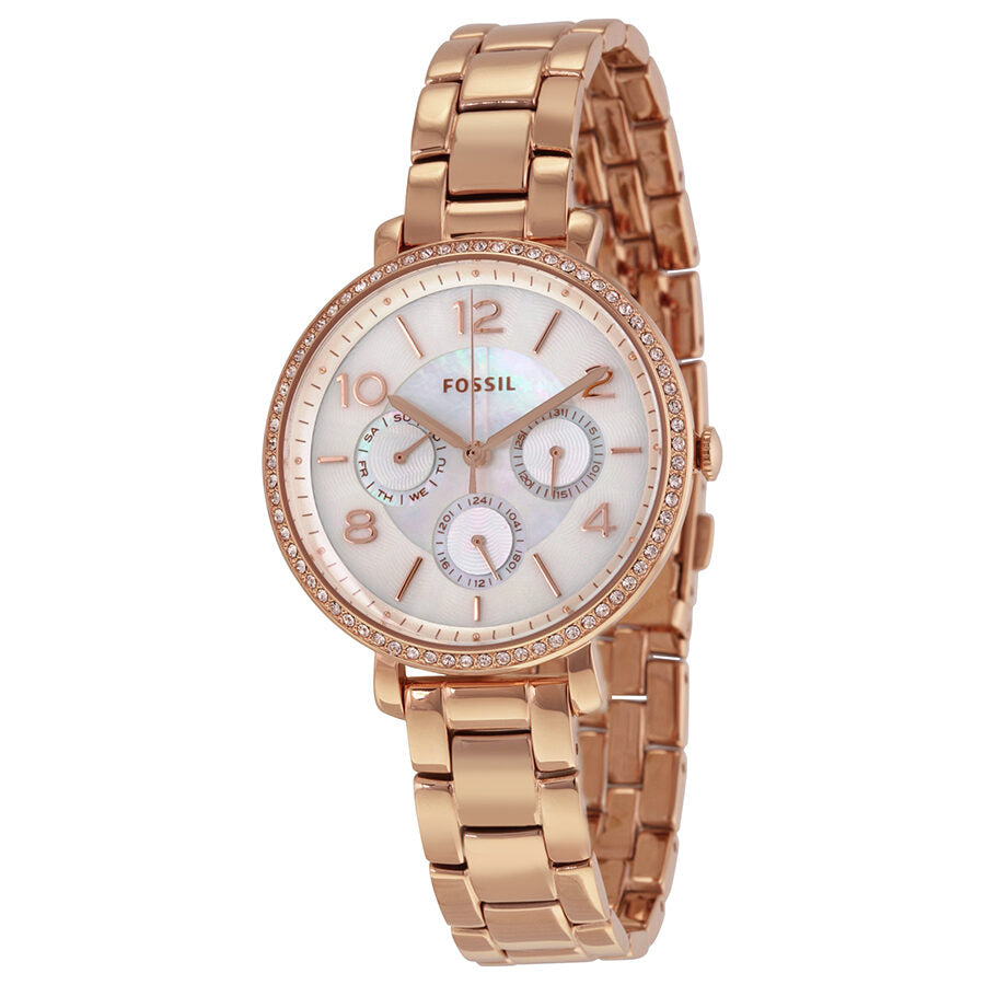 Fossil Jacqueline ladies watch with rose gold case, mother-of-pearl dial, and multi-function subdials