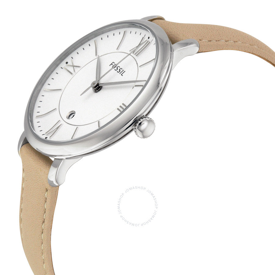 Fossil Jacqueline watch displayed at angle showing white dial with Roman numerals
