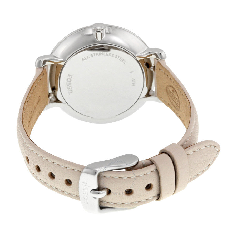 Fossil Jacqueline caseback showing stainless steel back and beige leather strap