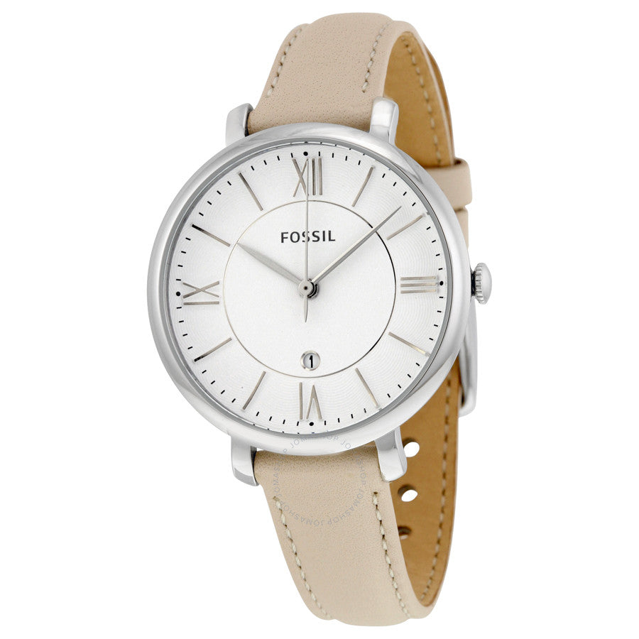 Fossil Jacqueline white dial watch with stainless steel case and beige leather strap