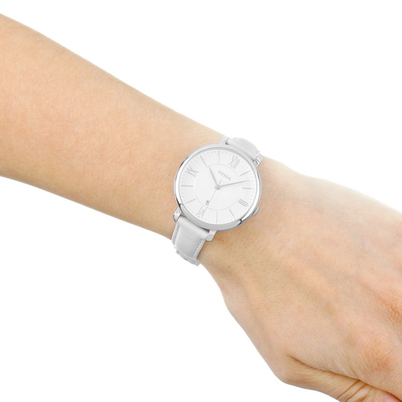 Fossil Jacqueline watch worn on wrist with white dial and beige leather strap