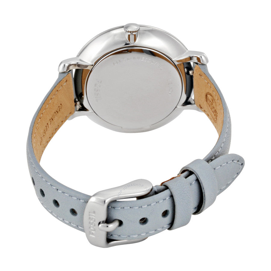 Fossil Jacqueline ES3821 caseback with stainless steel and grey leather strap buckle detail