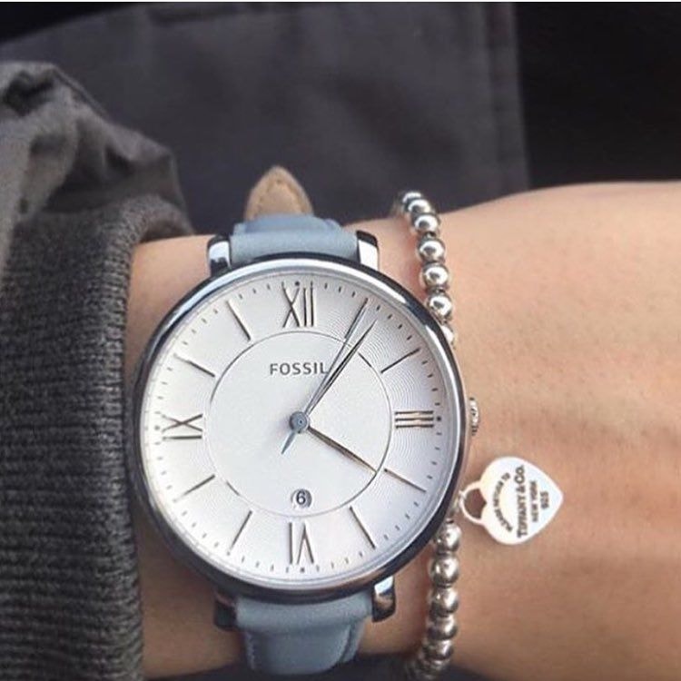 Fossil Jacqueline ES3821 on wrist showing smokey white dial and grey leather strap worn