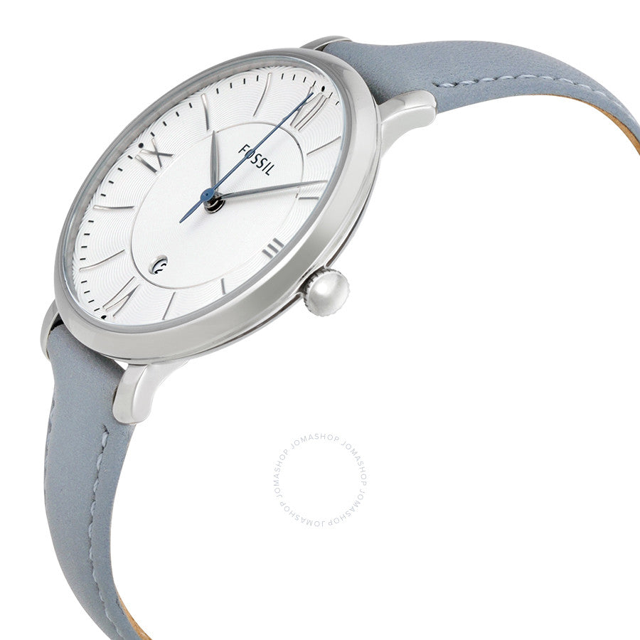 Fossil Jacqueline ES3821 side view showing grey leather strap and slender case profile