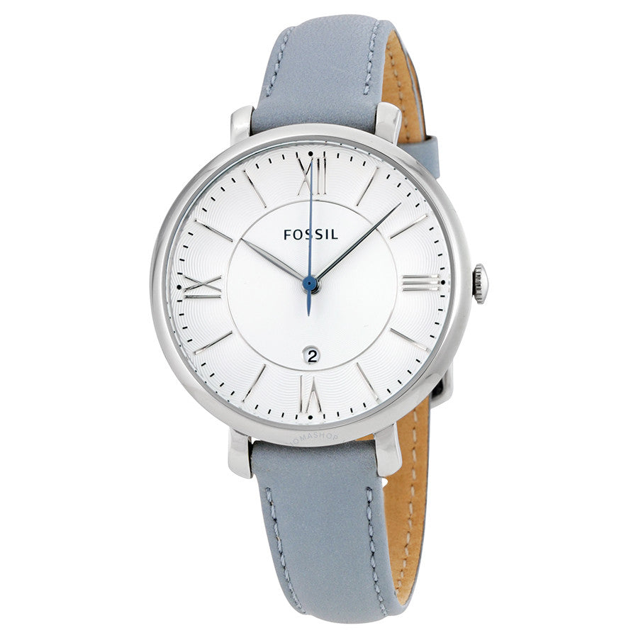 Fossil Jacqueline ES3821 smokey white dial watch with Roman numerals and grey leather strap