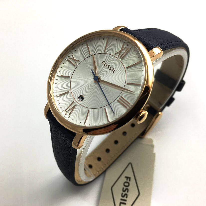 Fossil Jacqueline watch with navy leather strap displaying time and date window
