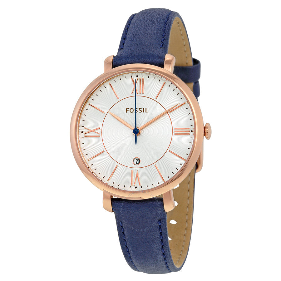 Fossil Jacqueline women's watch with silver dial, rose gold case, and navy leather strap