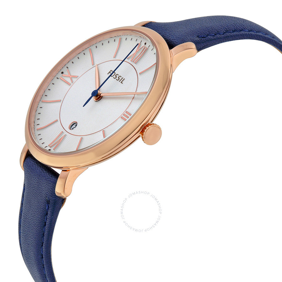 Fossil Jacqueline watch angled view showing silver dial and navy leather band