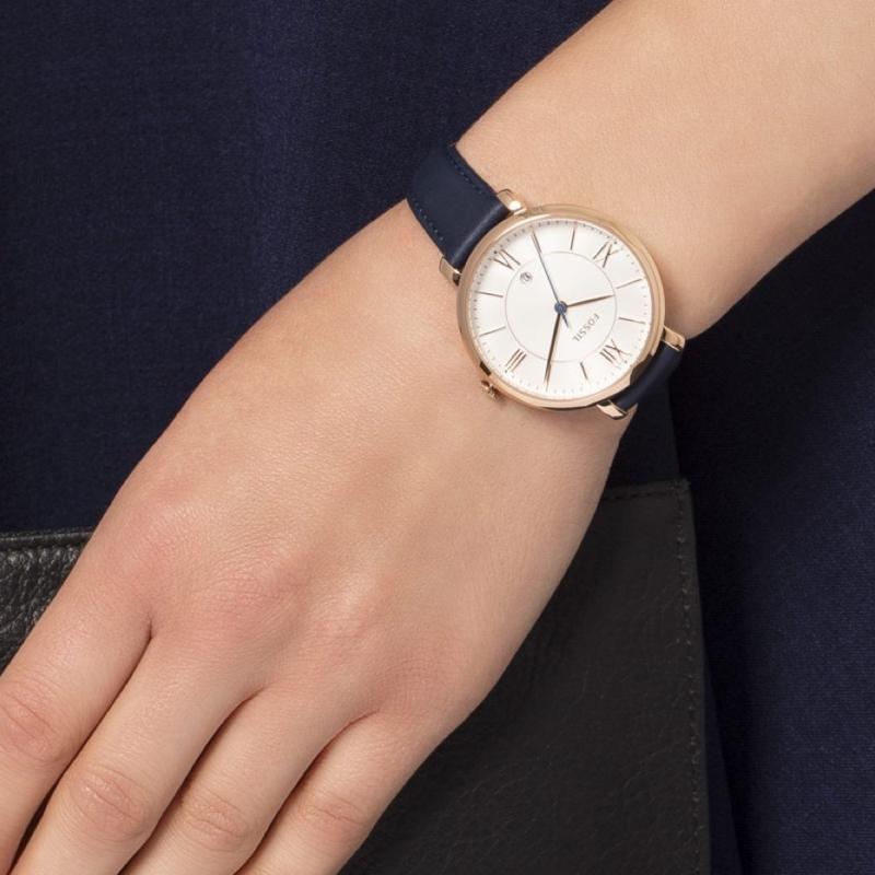 Fossil Jacqueline watch worn on wrist with navy leather strap and rose gold case