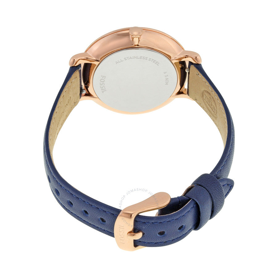 Fossil Jacqueline watch caseback and strap showing navy leather with tan lining