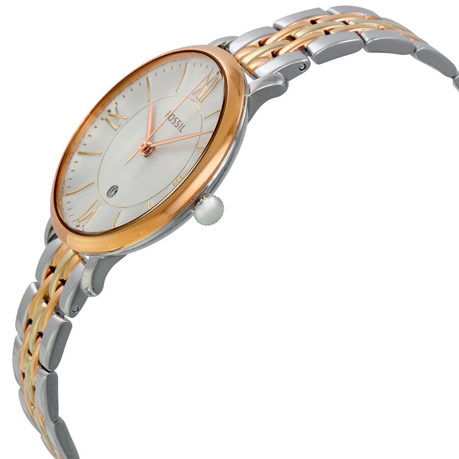 Fossil Jacqueline watch at angle showing two-tone steel and rose gold bracelet on wrist