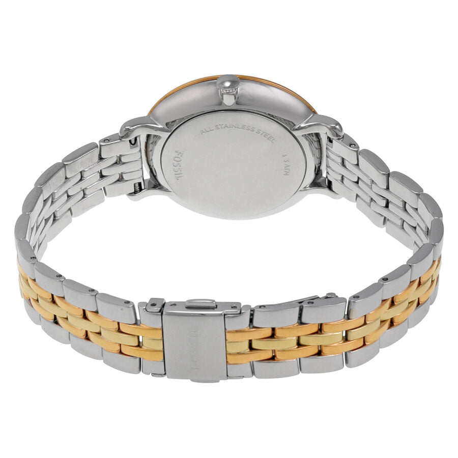 Fossil Jacqueline watch caseback showing two-tone steel and rose gold bracelet with deployment clasp