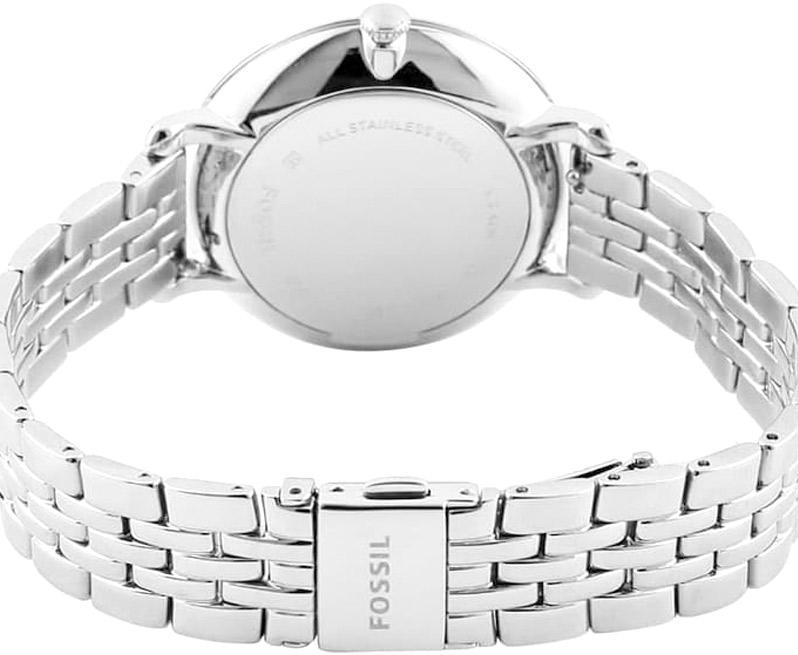 Caseback view of Fossil Jacqueline watch with stainless steel bracelet