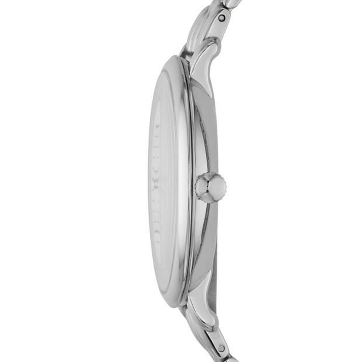 Side view of Fossil Jacqueline watch showing silver stainless steel case profile