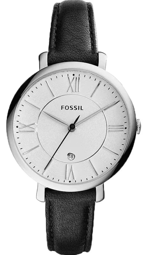 Fossil Jacqueline women's watch with silver dial and black leather strap