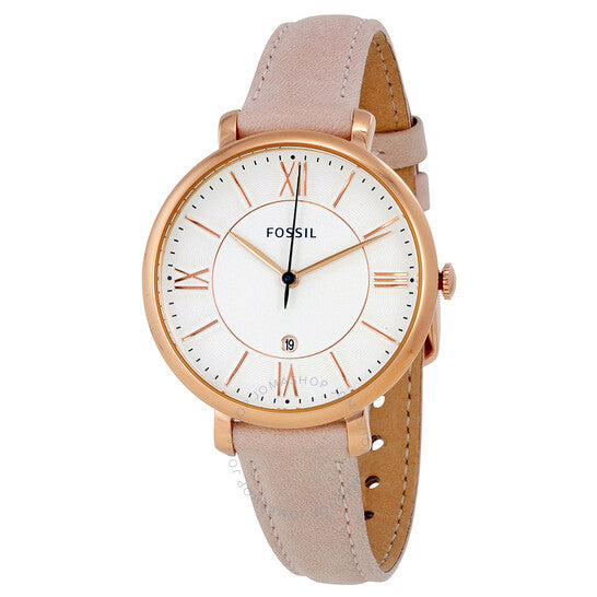 Angled view of Fossil Jacqueline ES3988 rose gold watch with blush leather band
