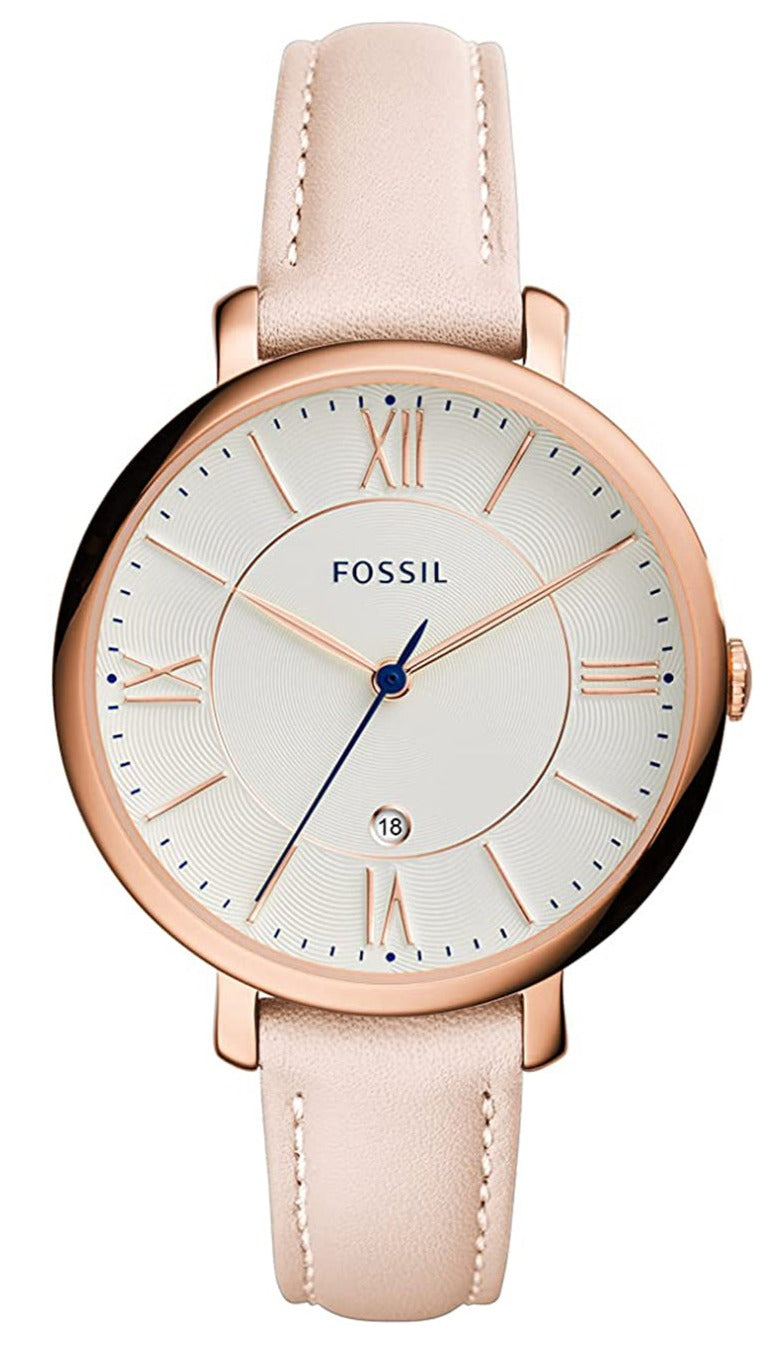 Fossil Jacqueline watch with rose gold case, white dial, and blush leather strap