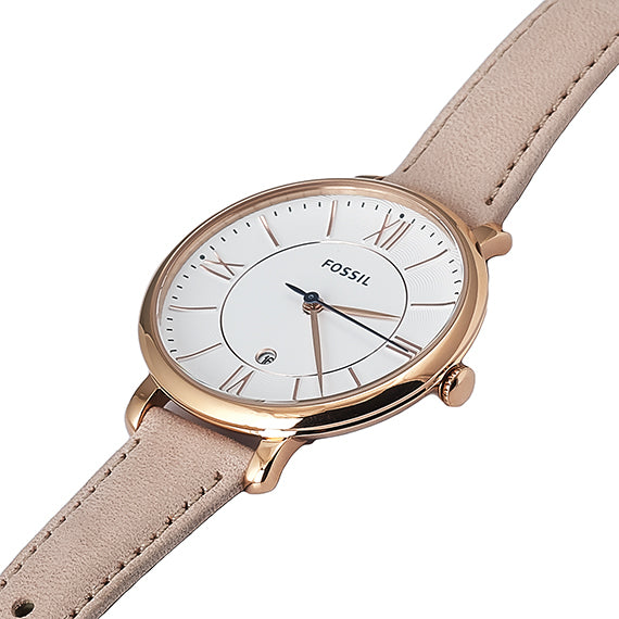 Fossil Jacqueline ES3988 watch on wrist showing blush leather strap and rose gold case