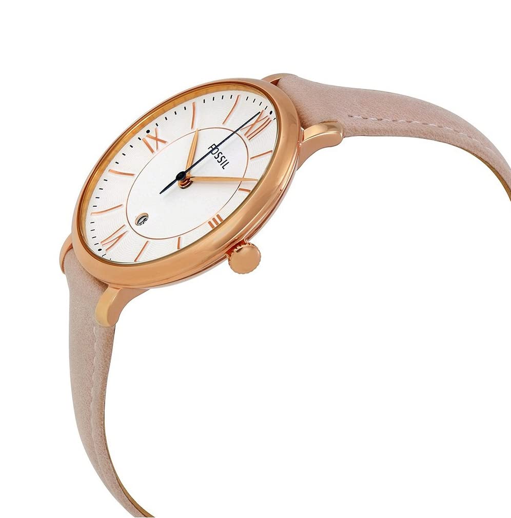 Side angle view of Fossil Jacqueline rose gold watch with blush leather strap