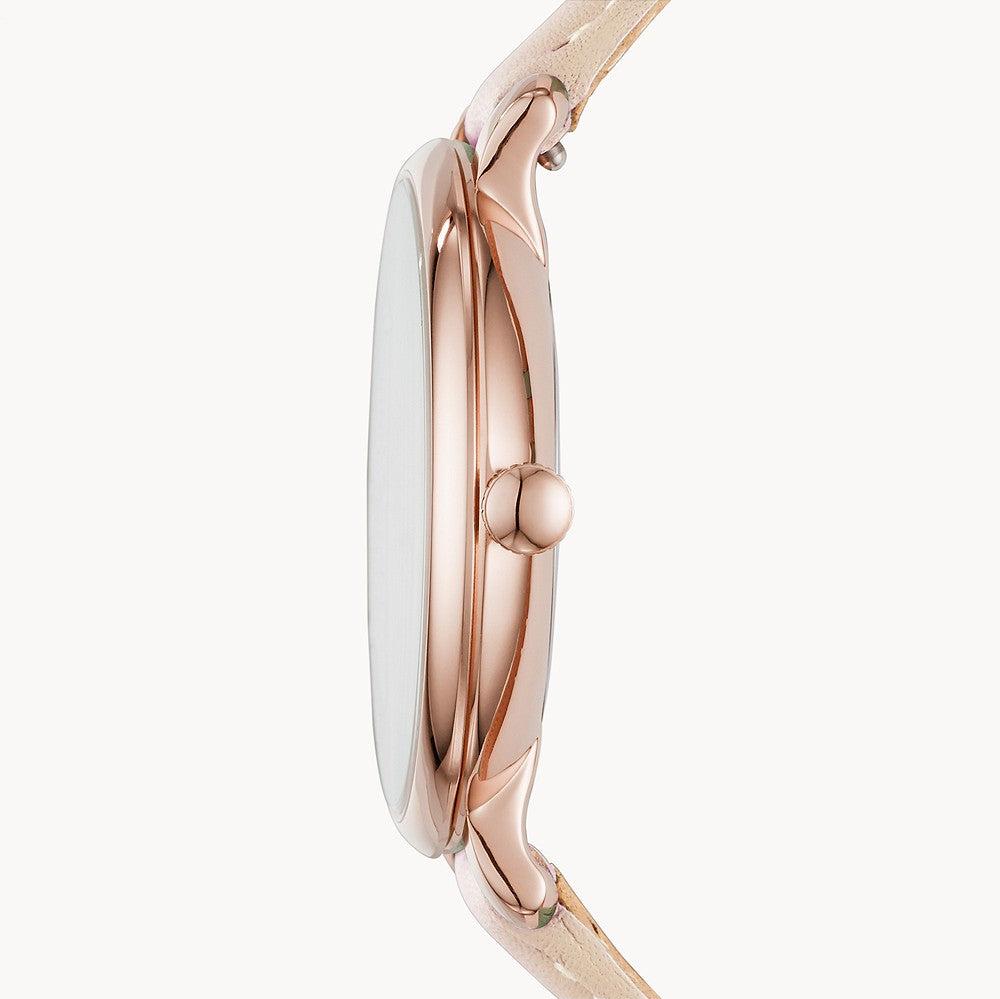 Side profile of Fossil Jacqueline ES3988 showing case thickness and rose gold finish