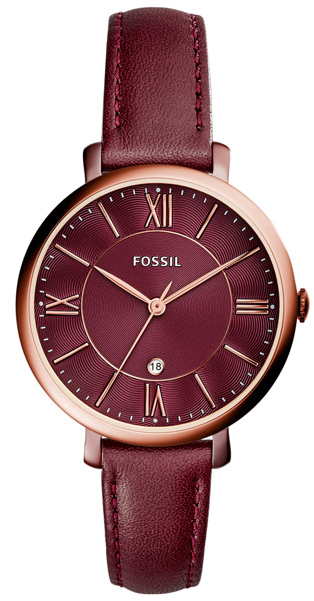 Fossil Jacqueline women's quartz watch with burgundy dial, rose gold case, and wine leather strap