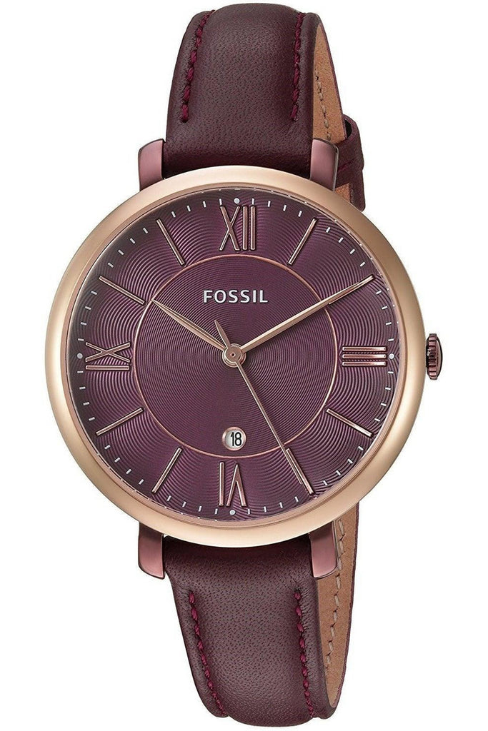 Fossil Jacqueline ES4099 burgundy leather strap watch with burgundy dial and rose gold bezel