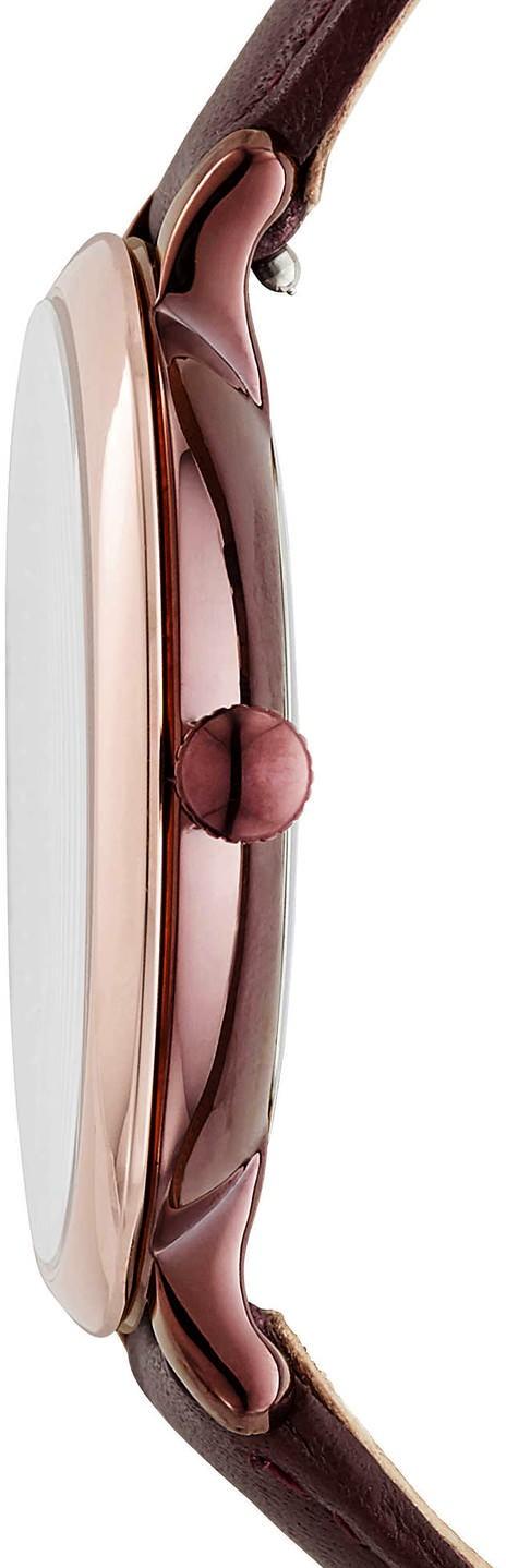 Side view of Fossil Jacqueline watch showing burgundy leather strap and rose gold case profile
