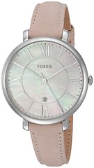 Side view of Fossil Jacqueline watch with beige leather strap and thin case profile
