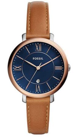 Fossil Jacqueline women's watch with navy blue dial, rose gold case and luggage leather strap