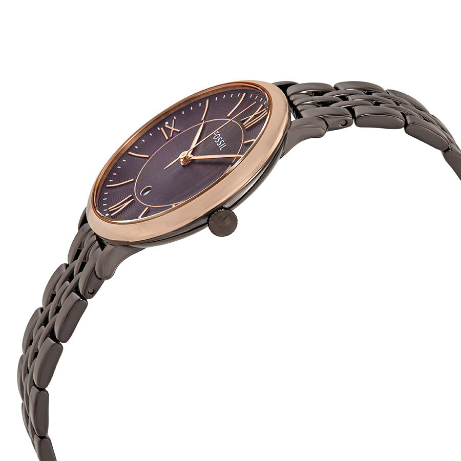 Side angle view of Fossil Jacqueline watch showing case profile and bracelet