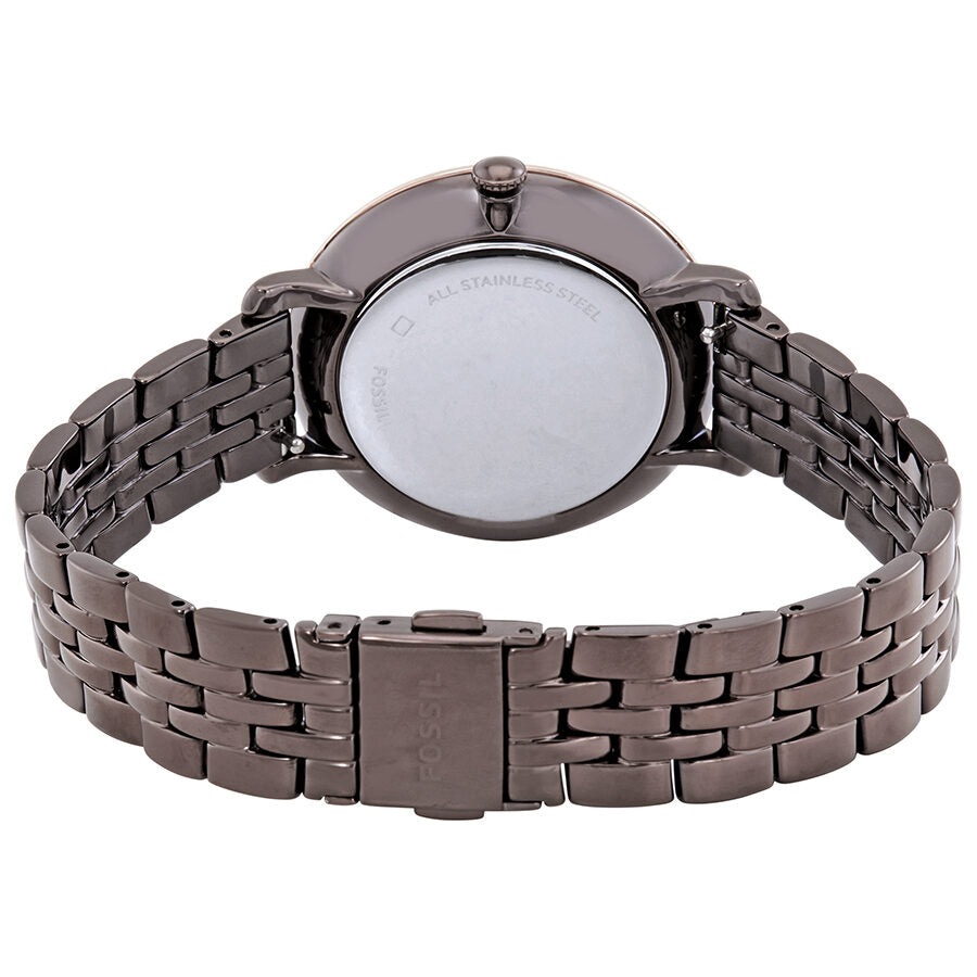 Caseback view of Fossil Jacqueline watch showing stainless steel bracelet detail