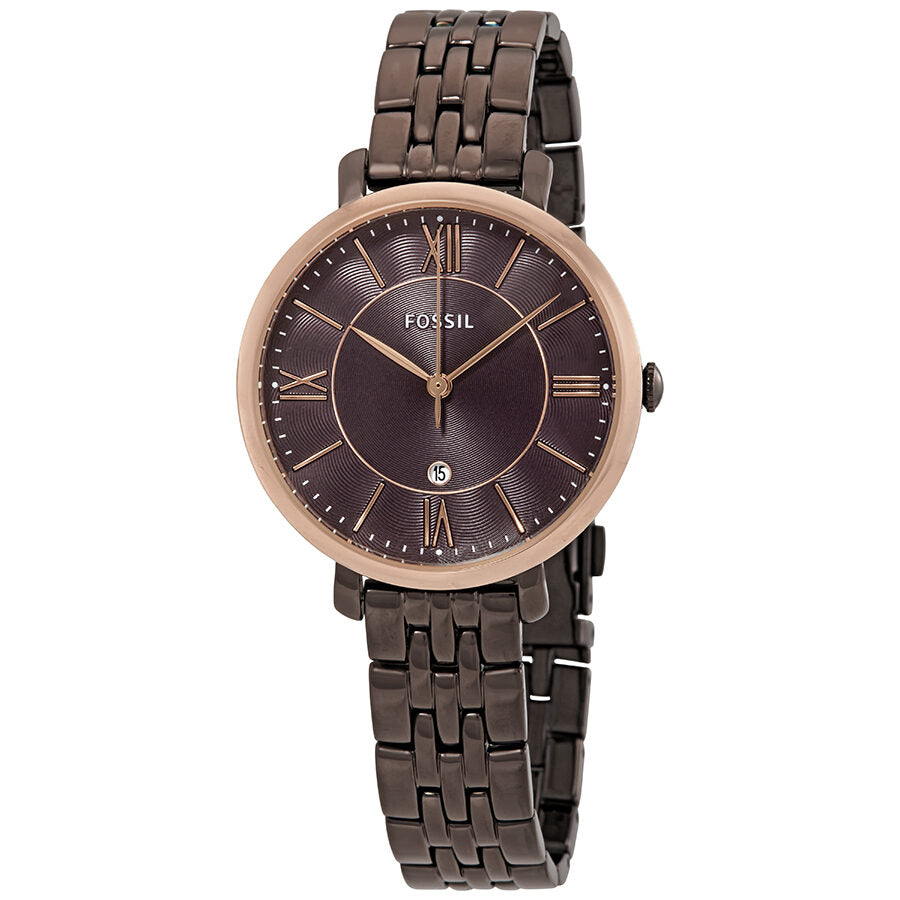 Fossil Jacqueline ladies watch with brown dial, rose gold case and dark stainless steel bracelet