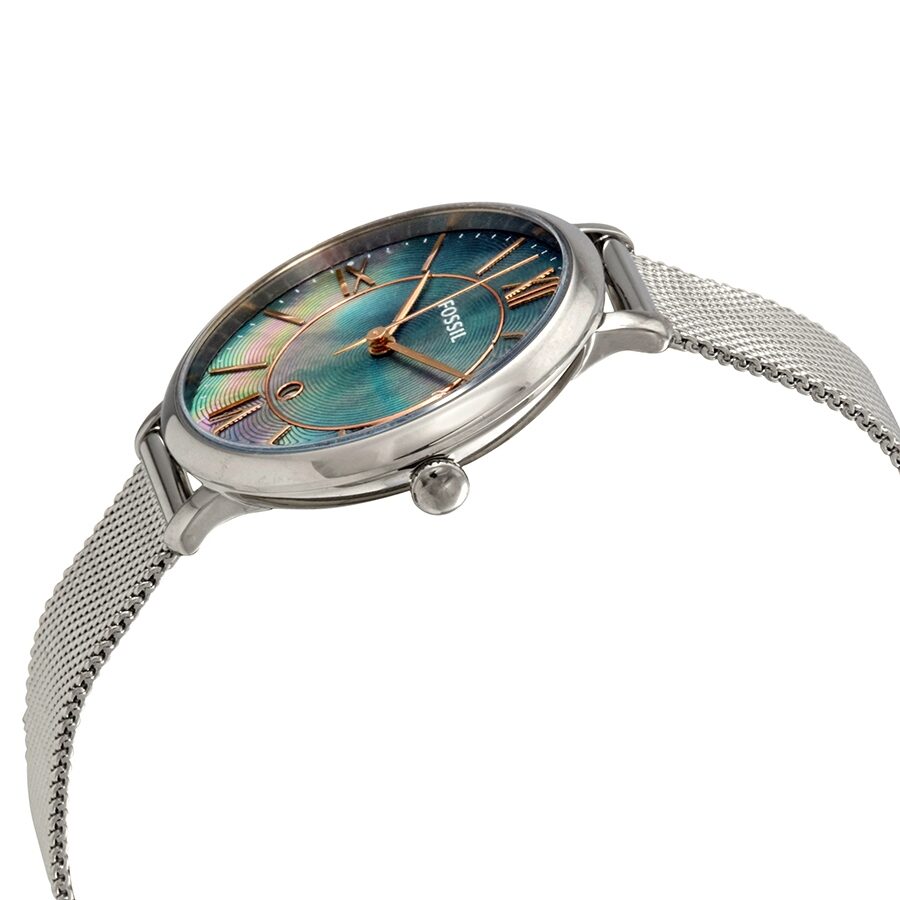 Angle view of Fossil Jacqueline watch showing blue iridescent mother of pearl dial and slim mesh bracelet