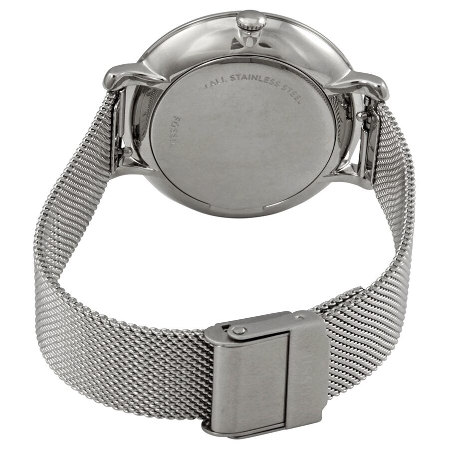 Fossil Jacqueline watch caseback showing stainless steel back with mesh band attached