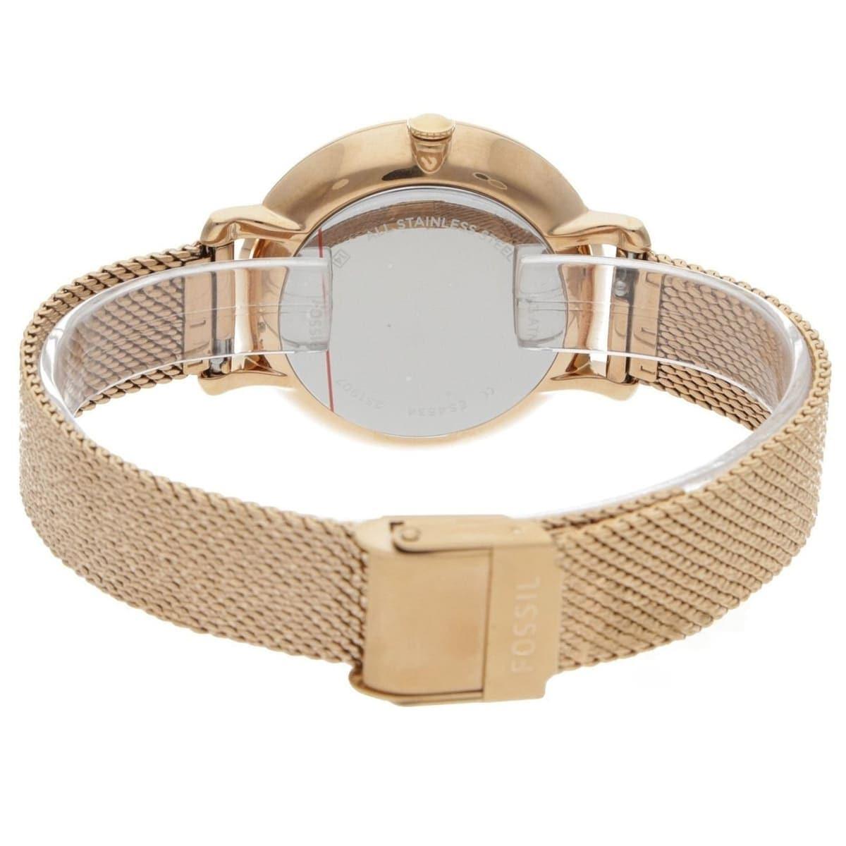 Fossil Jacqueline watch caseback showing stainless steel band and closure