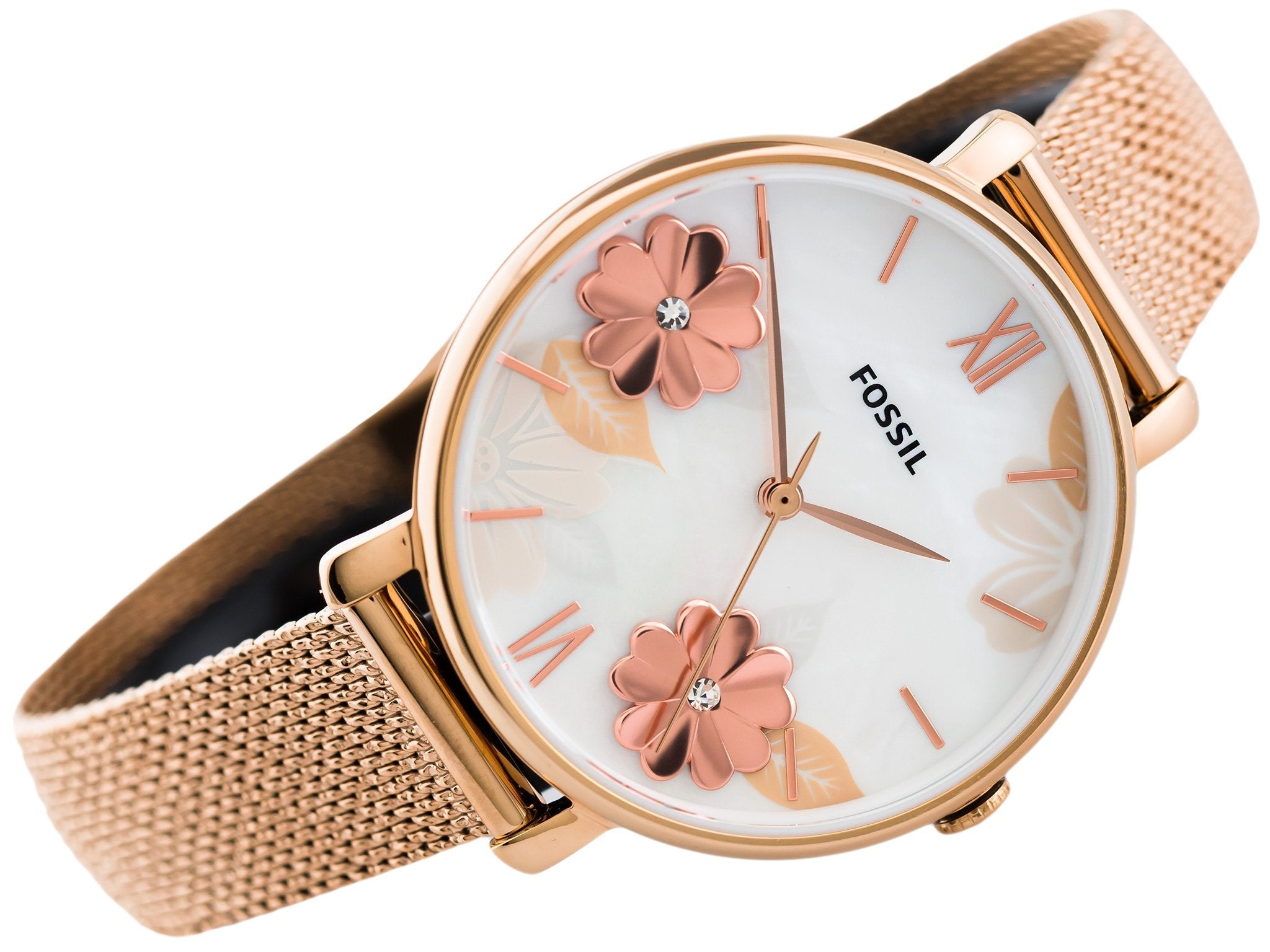 Fossil Jacqueline watch side view with rose gold case and mesh metal band