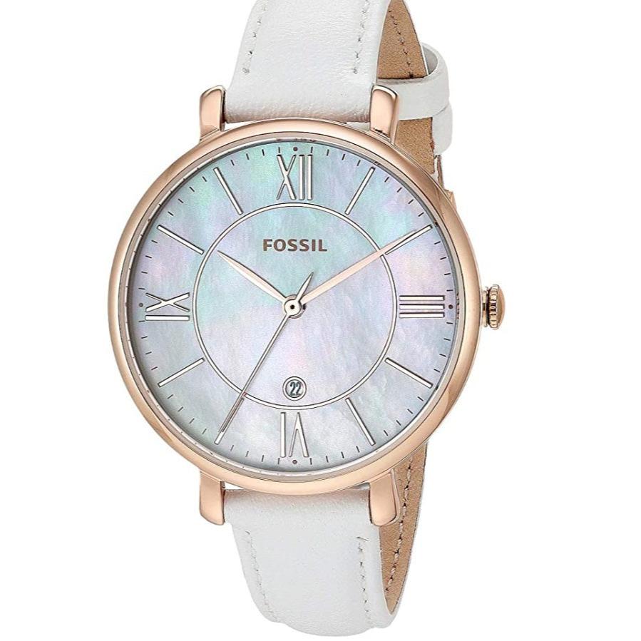 Fossil Jacqueline watch at angle showing mother of pearl dial with Roman numerals