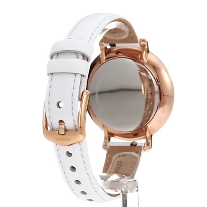 Fossil Jacqueline watch with white leather strap and rose gold lugs detail view