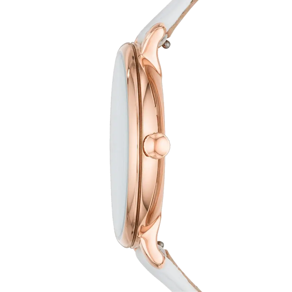 Side profile of Fossil Jacqueline watch with rose gold case and white leather strap