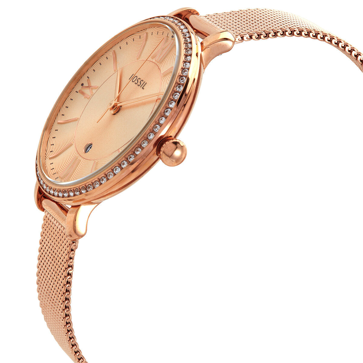 Side angle view of Fossil Jacqueline rose gold watch with crystal bezel detail