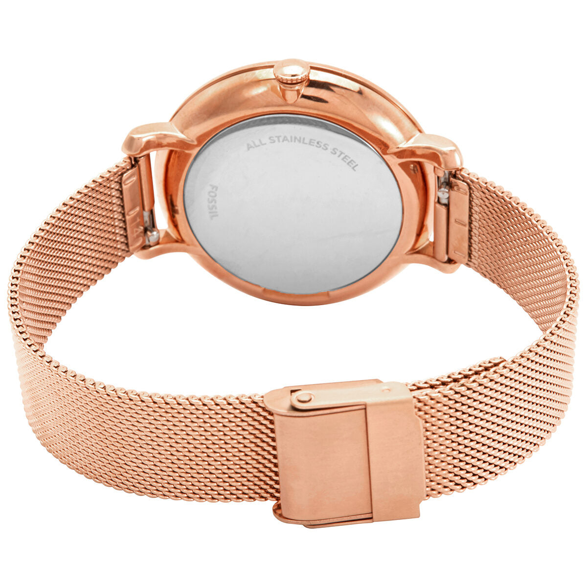 Case back view of Fossil Jacqueline watch with mesh bracelet and clasp