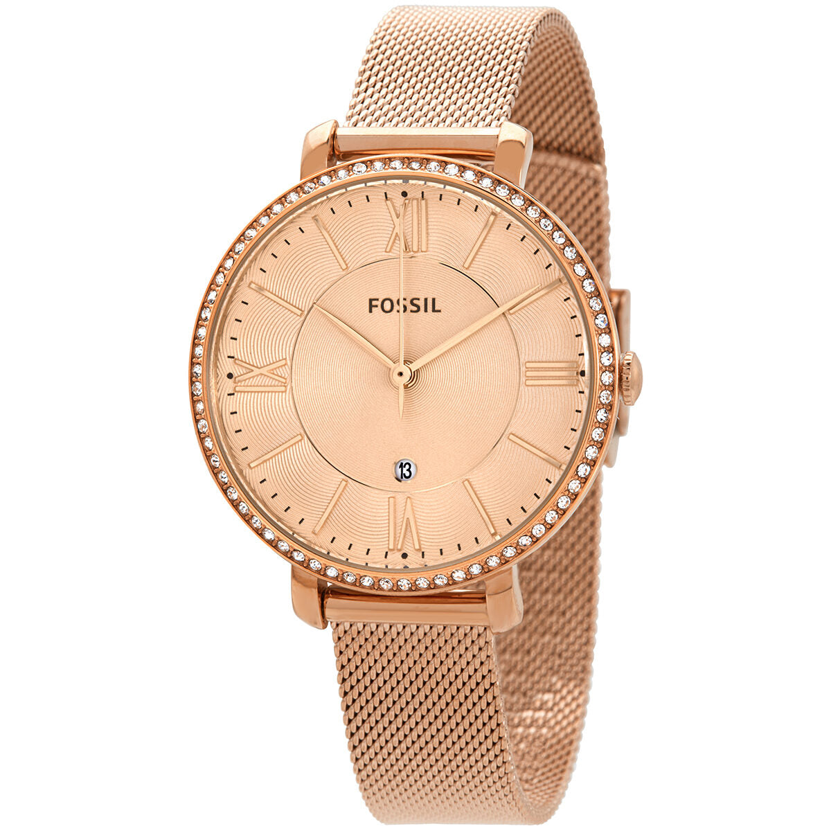 Fossil Jacqueline quartz watch with rose dial and rose gold-tone mesh bracelet