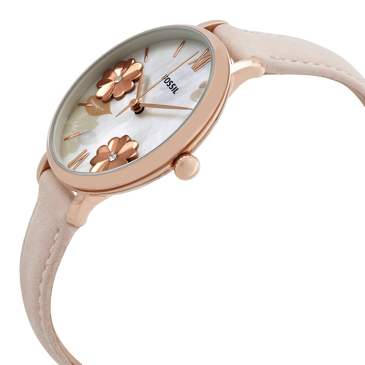 Fossil Jacqueline watch at angle showing white dial, rose gold case, and leather band